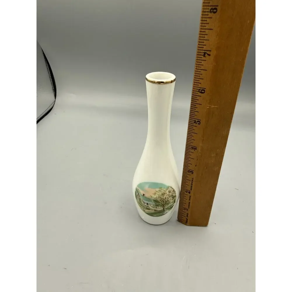 Vintage Made in Japan Bud Vase White Gold Rim Scenic House Spring 6.5”
